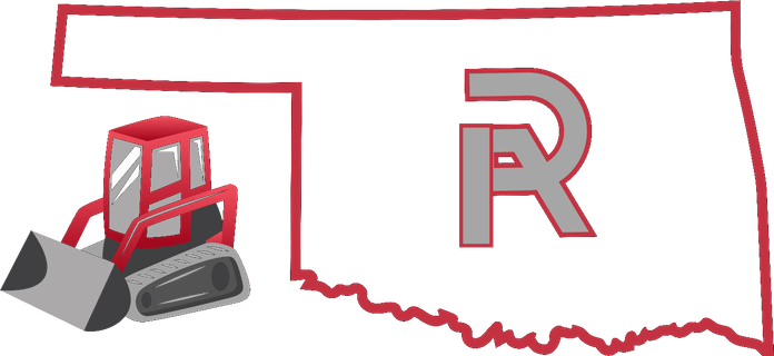Ramos Earthworks mark: the outline of Oklahoma with a tracked skid steer and R monogram